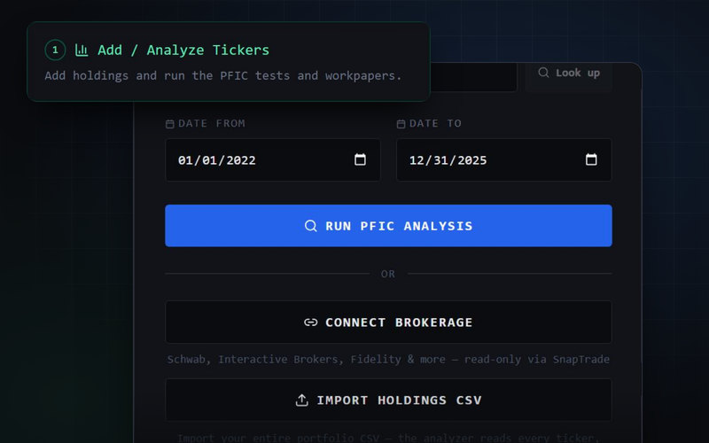 The PFIC Calculator's New Analysis screen: enter tickers, connect a brokerage, or import a holdings CSV.