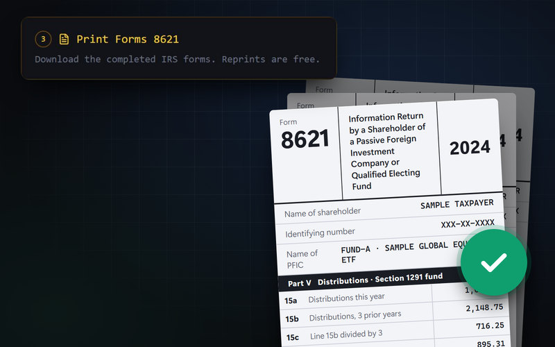 Completed Forms 8621 ready to download, shown with sample data.