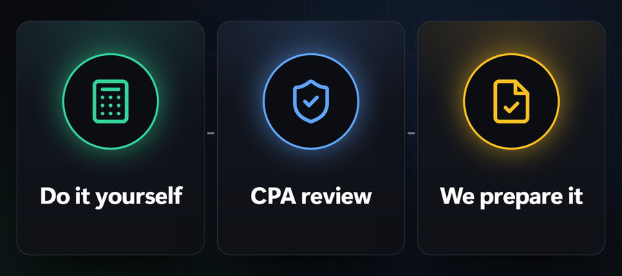 Three ways to file: do it yourself with the calculator, add a CPA review, or have us prepare it.